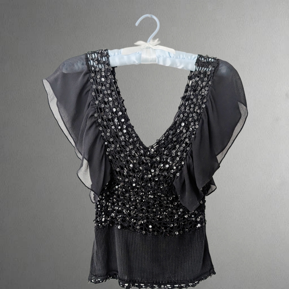 Chic Black Sequin Crochet Top